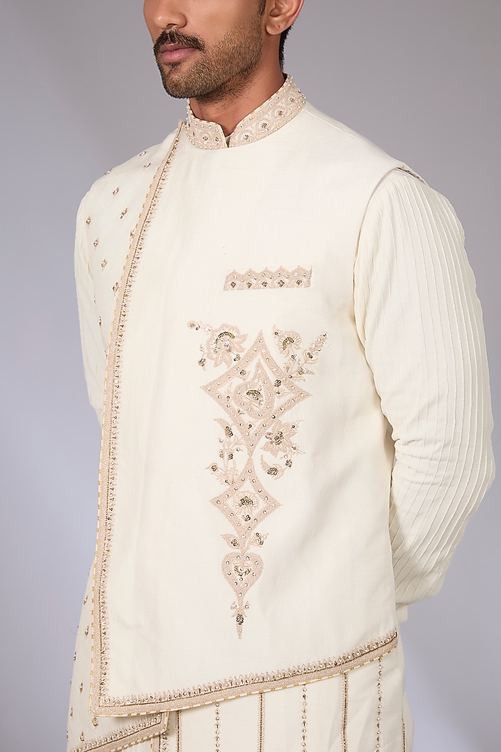 Ivory Cotton Silk & South Silk Slub Bundi Jacket Set by Torani Men at Pernia's Pop Up Shop