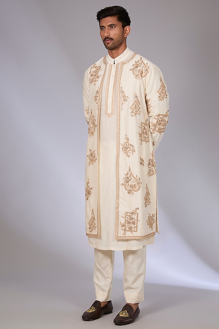 Ivory Handwoven Chanderi & Cotton Silk Indowestern Set by Torani Men