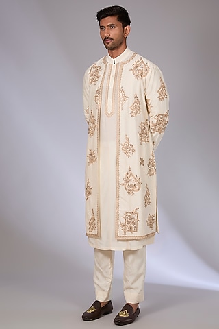 Ivory Handwoven Chanderi & Cotton Silk Indowestern Set by Torani Men