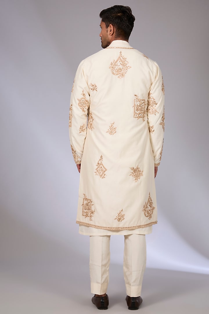 Ivory Handwoven Chanderi & Cotton Silk Groom Indowestern Set by Torani Men at Pernia's Pop Up Shop