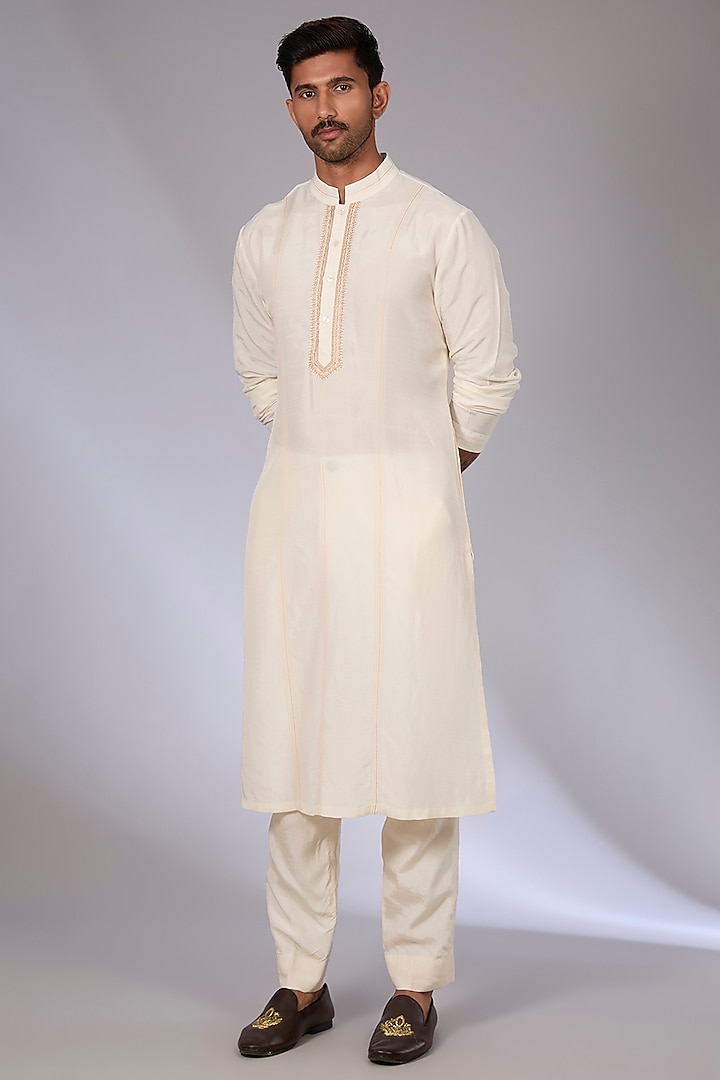 Ivory Handwoven Chanderi & Cotton Silk Groom Indowestern Set by Torani Men at Pernia's Pop Up Shop