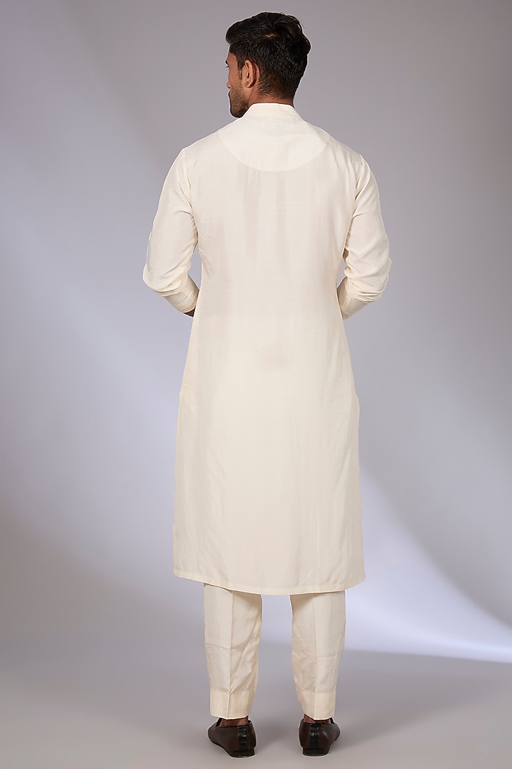 Ivory Handwoven Chanderi & Cotton Silk Groom Indowestern Set by Torani Men at Pernia's Pop Up Shop