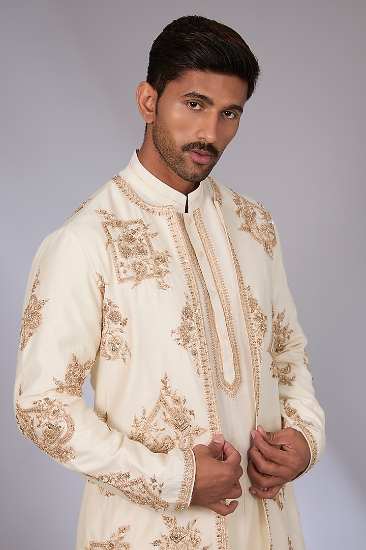 Ivory Handwoven Chanderi & Cotton Silk Groom Indowestern Set by Torani Men at Pernia's Pop Up Shop