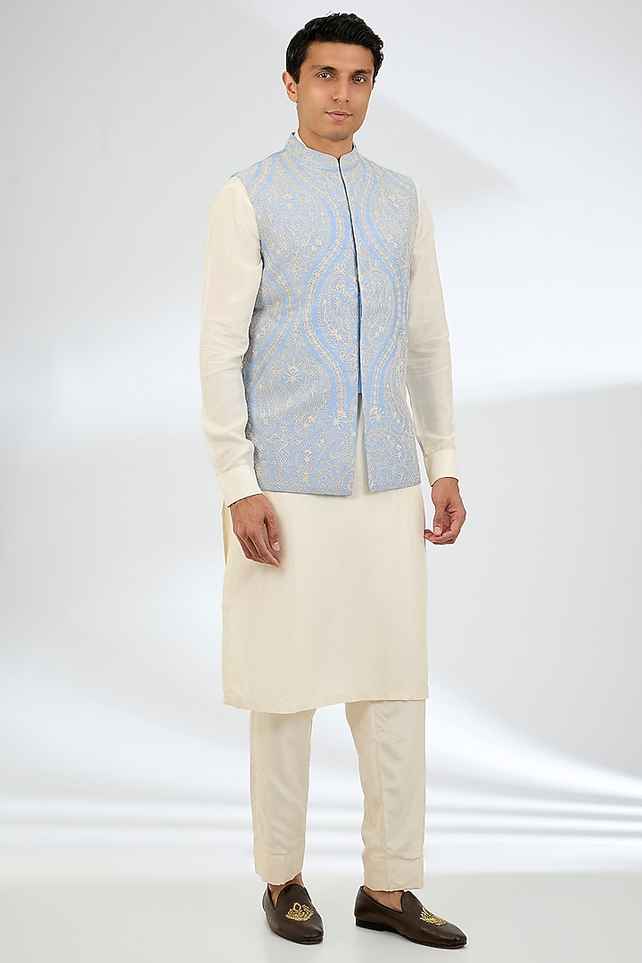 Blue Jeni Silk Bundi Jacket Set by Torani Men