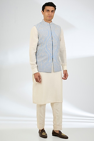 Blue Jeni Silk Bundi Jacket Set by Torani Men