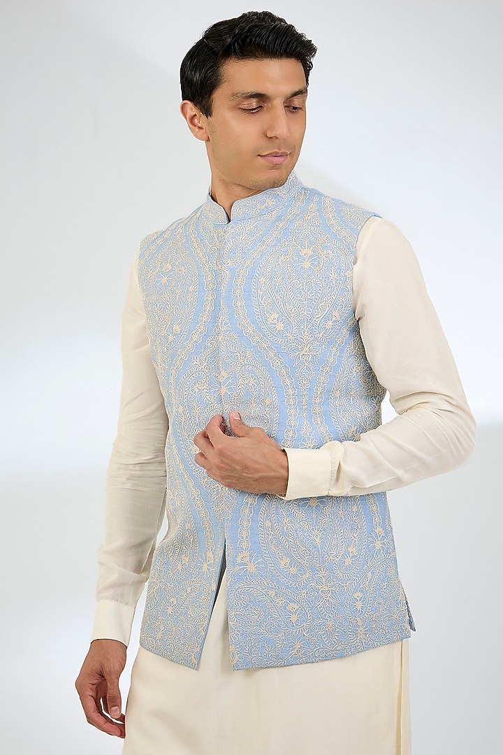 Blue Jeni Silk Bundi Jacket Set by Torani Men at Pernia's Pop Up Shop