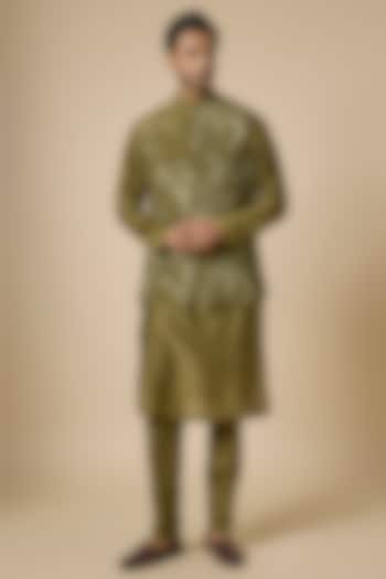 Green Handwoven Chanderi Dori Embroidered Bundi Set by Torani Men at Pernia's Pop Up Shop