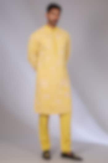 Yellow Cotton Silk & Slub Silk Kurta Set by Torani Men