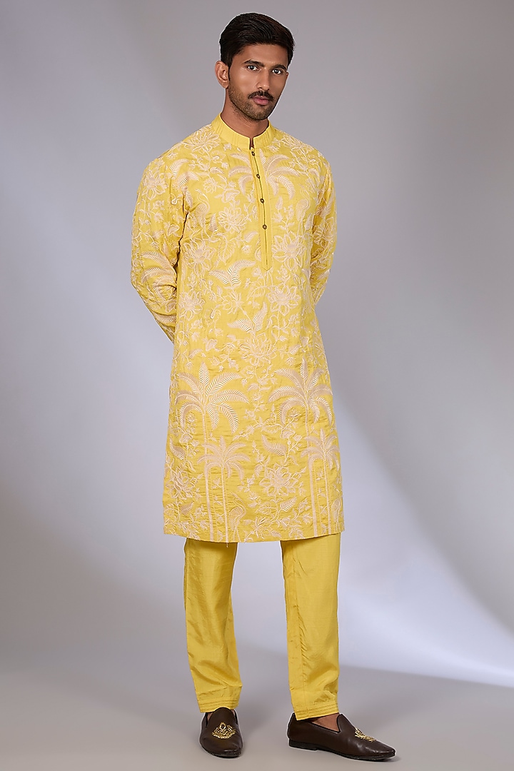 Yellow Cotton Silk & Slub Silk Kurta Set by Torani Men