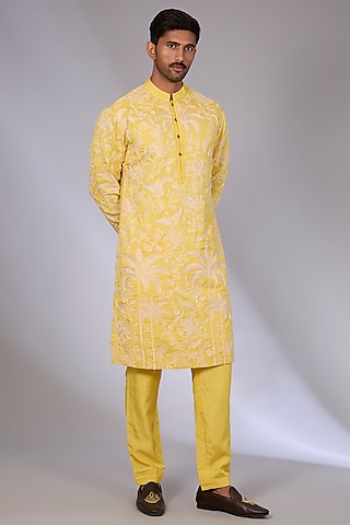 Yellow Cotton Silk & Slub Silk Kurta Set by Torani Men