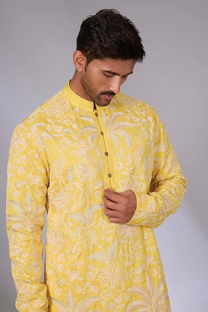 Yellow Cotton Silk & Slub Silk Kurta Set by Torani Men at Pernia's Pop Up Shop