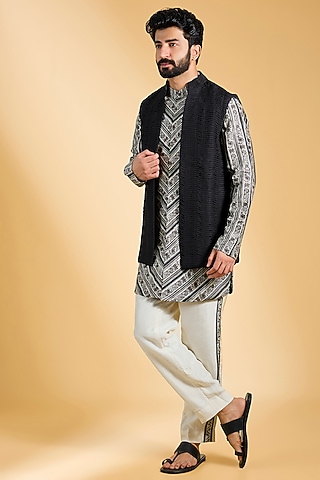 Black Jeni Silk Bundi Jacket Set by Torani Men
