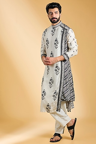 Black & Ivory Jeni Silk Printed Kurta Set by Torani Men