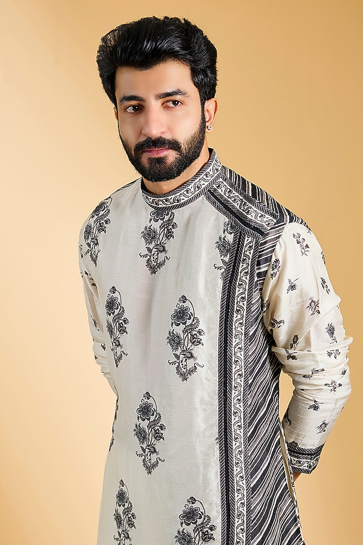 Black & Ivory Jeni Silk Printed Kurta Set by Torani Men at Pernia's Pop Up Shop