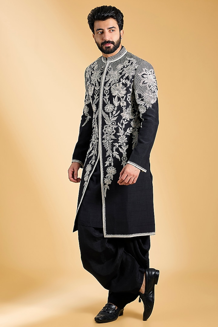 Black Jeni Silk Floral Embroidered Groom Sherwani Set by Torani Men at Pernia's Pop Up Shop