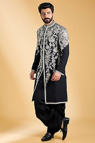 Black Jeni Silk Floral Embroidered Sherwani Set by Torani Men
