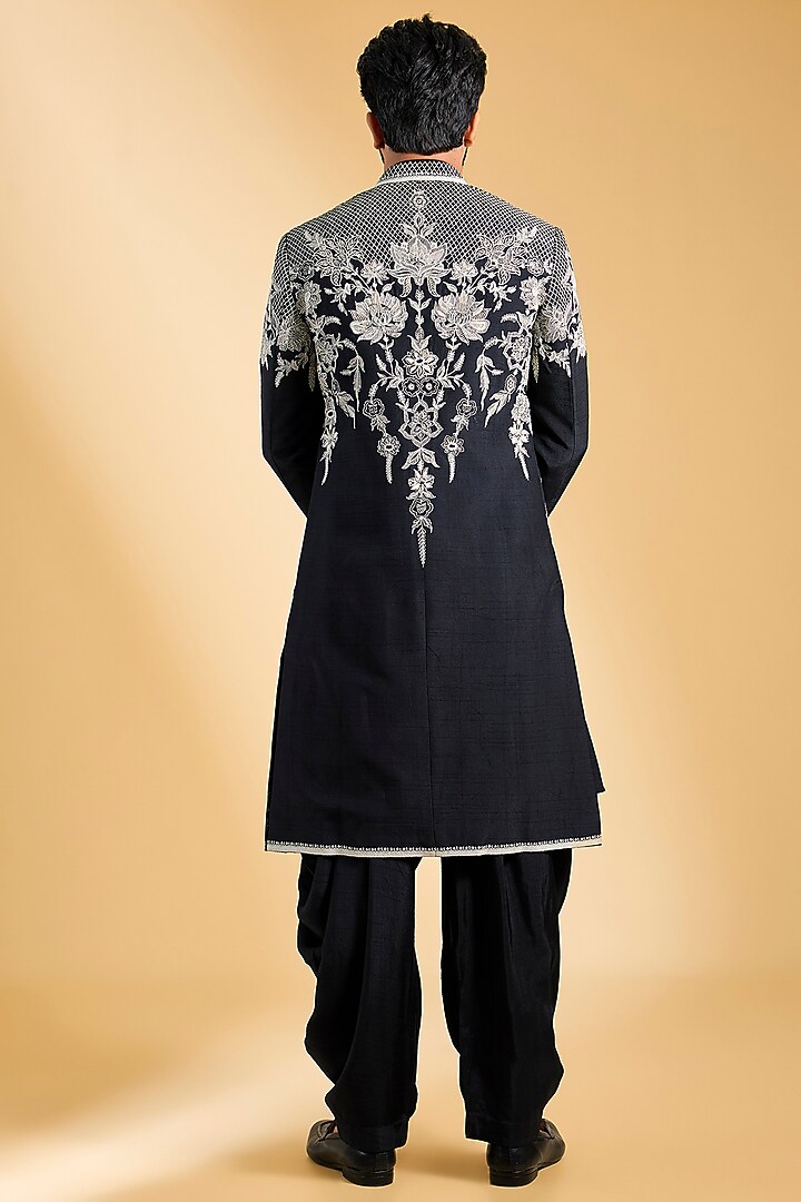 Black Jeni Silk Floral Embroidered Groom Sherwani Set by Torani Men at Pernia's Pop Up Shop