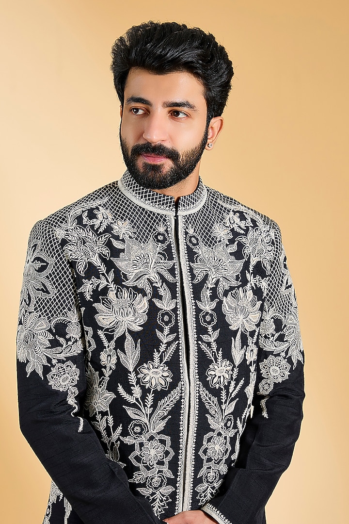 Black Jeni Silk Floral Embroidered Groom Sherwani Set by Torani Men at Pernia's Pop Up Shop