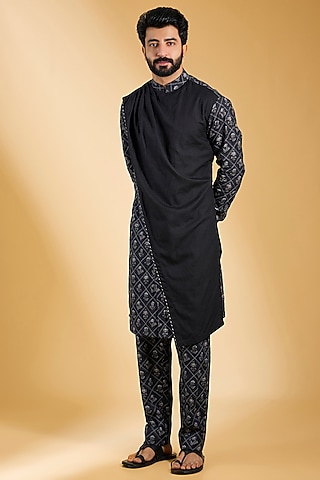 Black Jeni Silk Kurta Set by Torani Men