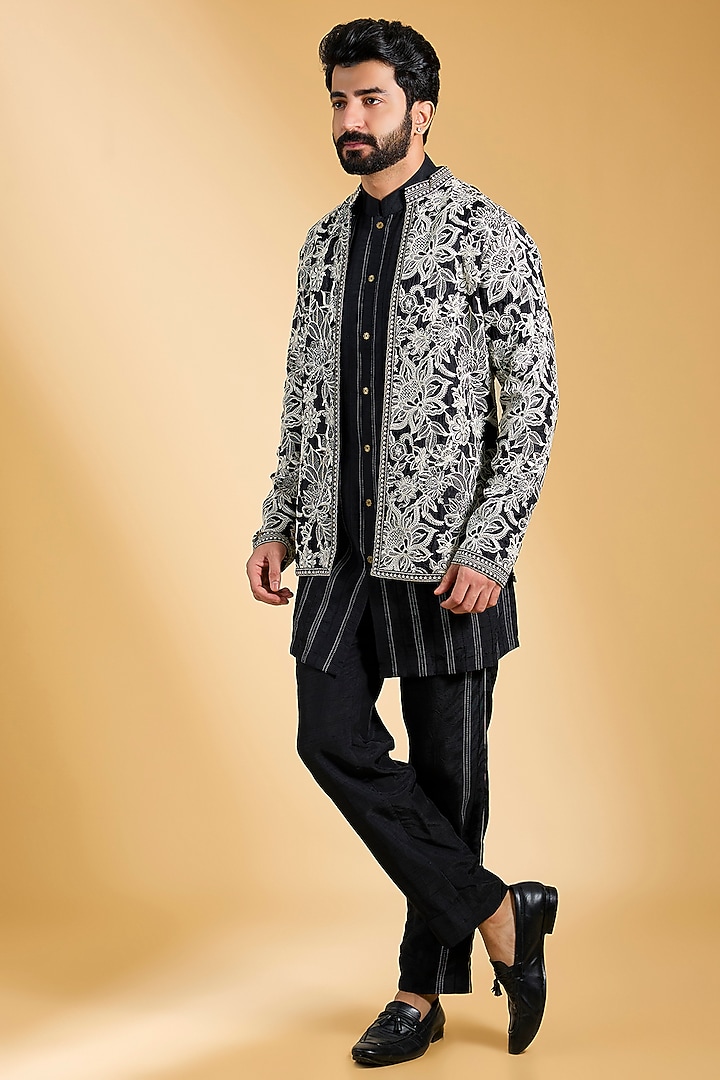 Black & Ivory Jeni Silk Bomber Jacket Set by Torani Men at Pernia's Pop Up Shop