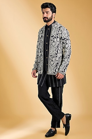 Black & Ivory Jeni Silk Bomber Jacket Set by Torani Men