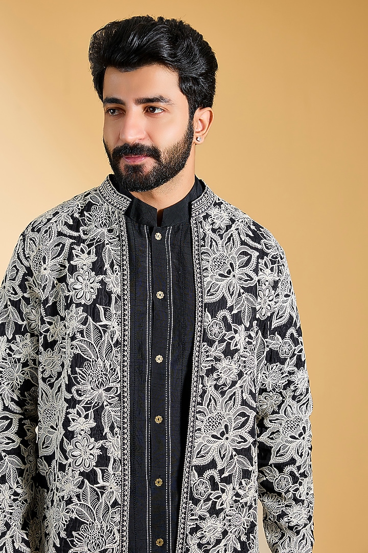 Black & Ivory Jeni Silk Bomber Jacket Set by Torani Men at Pernia's Pop Up Shop