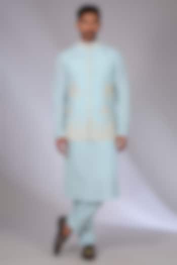 Blue Cotton Silk & Slub Silk Bundi Jacket Set by Torani Men