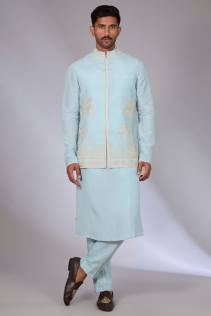 Blue Cotton Silk & Slub Silk Bundi Jacket Set by Torani Men