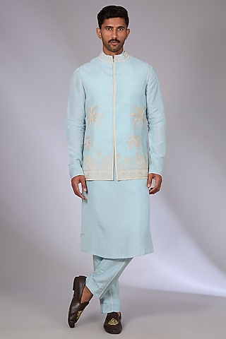 Blue Cotton Silk & Slub Silk Bundi Jacket Set by Torani Men
