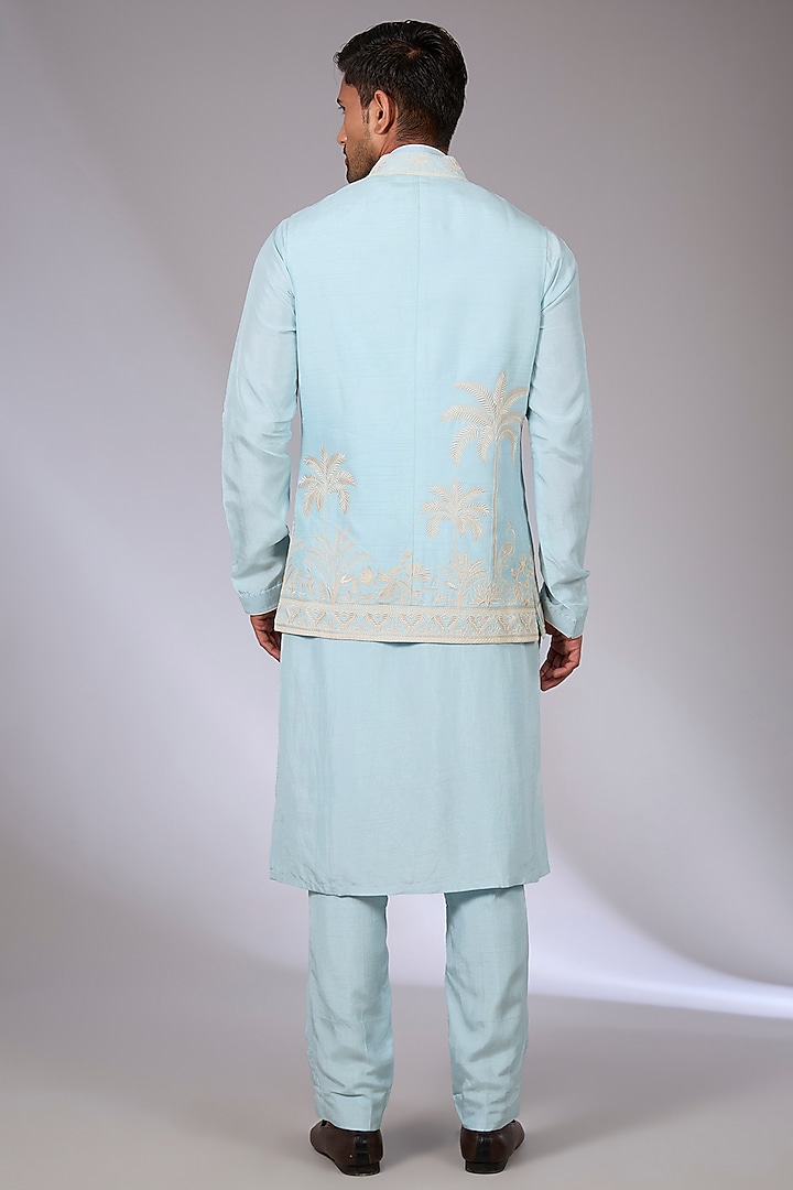 Blue Cotton Silk & Slub Silk Bundi Jacket Set by Torani Men at Pernia's Pop Up Shop