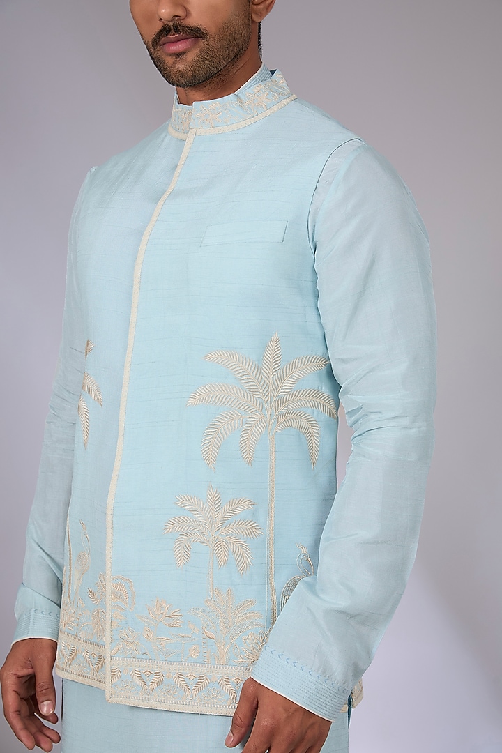 Blue Cotton Silk & Slub Silk Bundi Jacket Set by Torani Men at Pernia's Pop Up Shop