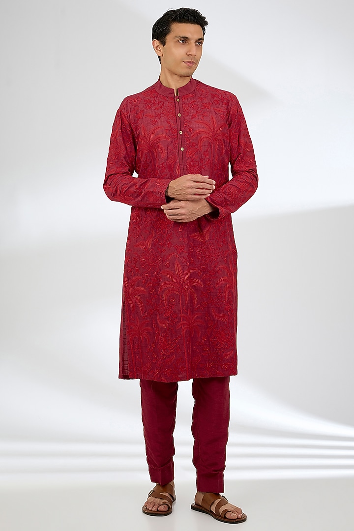 Red Jeni Silk Kurta Set by Torani Men