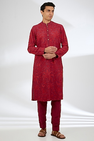 Red Jeni Silk Kurta Set by Torani Men