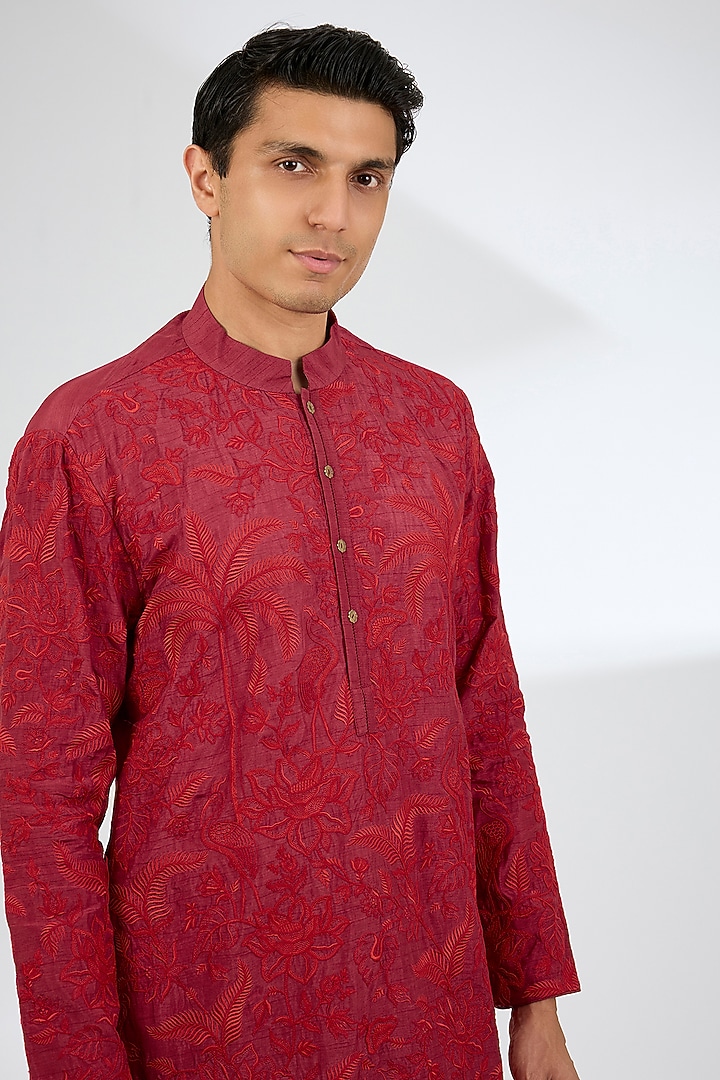 Red Jeni Silk Kurta Set by Torani Men at Pernia's Pop Up Shop