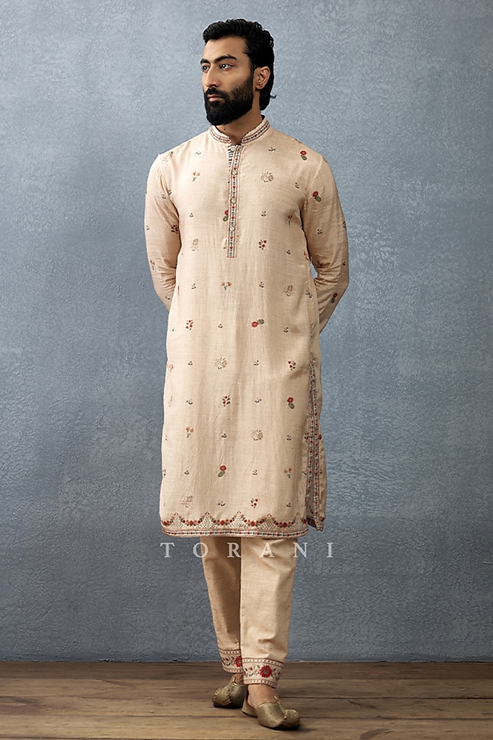 Beige Slub Silk & Cotton Silk Printed Kurta Set by Torani Men at Pernia's Pop Up Shop