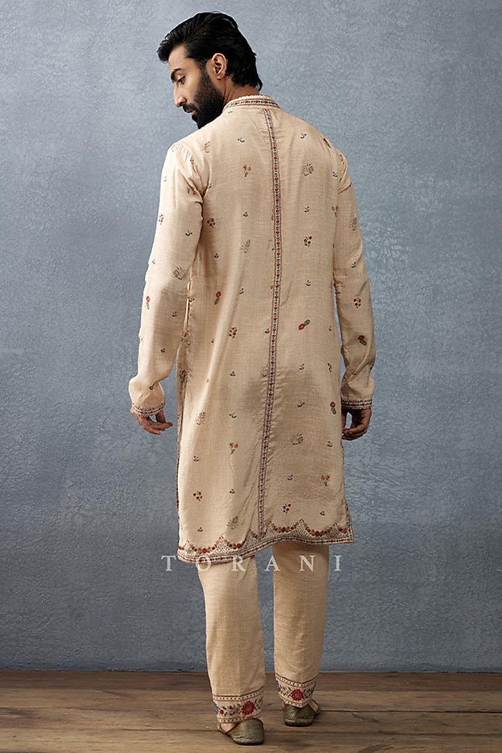 Beige Slub Silk & Cotton Silk Printed Kurta Set by Torani Men at Pernia's Pop Up Shop