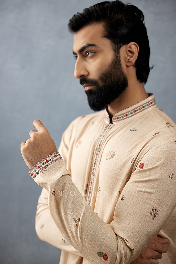 Beige Slub Silk & Cotton Silk Printed Kurta Set by Torani Men at Pernia's Pop Up Shop