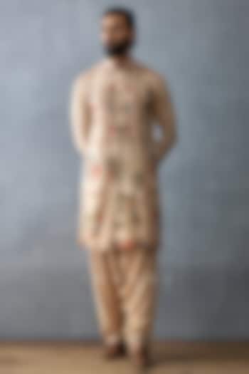 Beige Slub Silk & Cotton Silk Printed Kurta Set by Torani Men at Pernia's Pop Up Shop