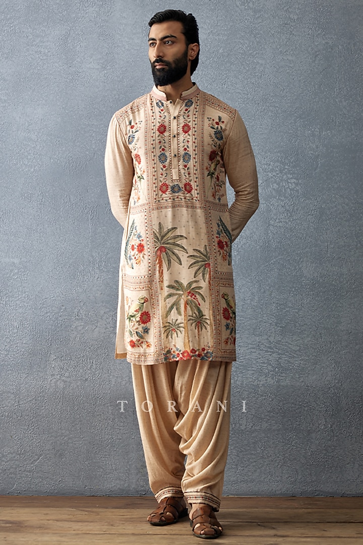 Beige Slub Silk & Cotton Silk Printed Kurta Set by Torani Men at Pernia's Pop Up Shop