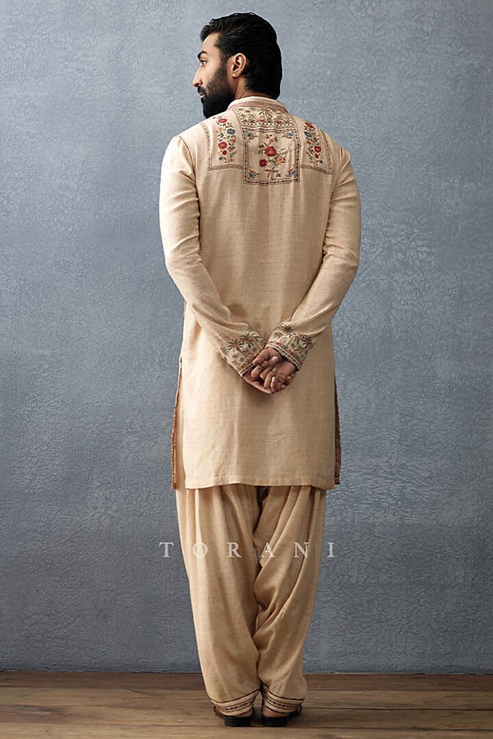 Beige Slub Silk & Cotton Silk Printed Kurta Set by Torani Men at Pernia's Pop Up Shop