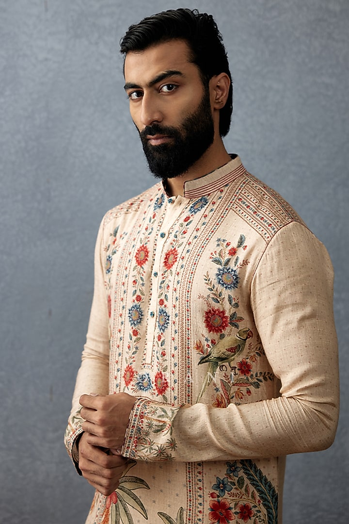 Beige Slub Silk & Cotton Silk Printed Kurta Set by Torani Men at Pernia's Pop Up Shop