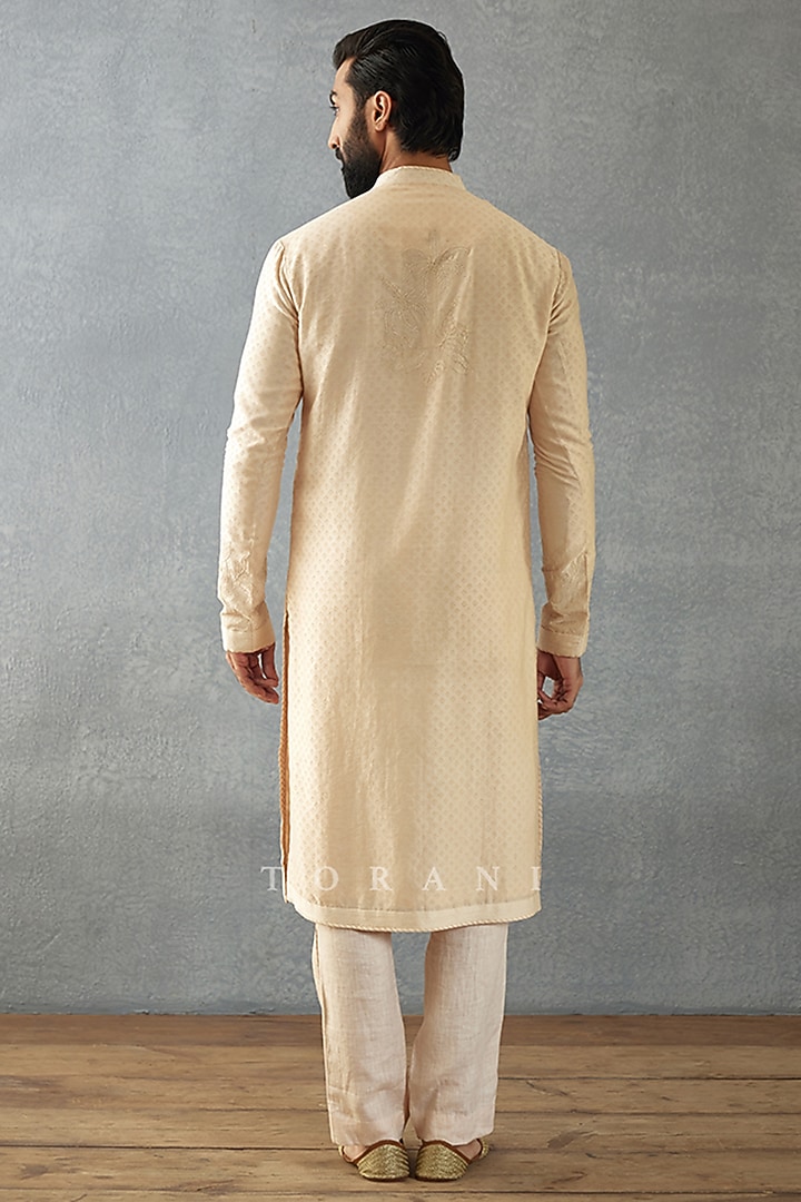 Beige Handwoven Chanderi & Cotton Silk Printed Kurta Set by Torani Men at Pernia's Pop Up Shop