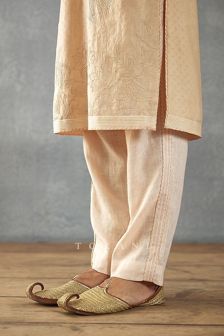 Beige Handwoven Chanderi & Cotton Silk Printed Kurta Set by Torani Men at Pernia's Pop Up Shop