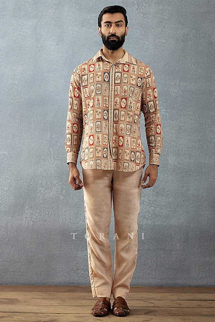 Beige Cotton Voile & Cotton Silk Printed Pant Set by Torani Men