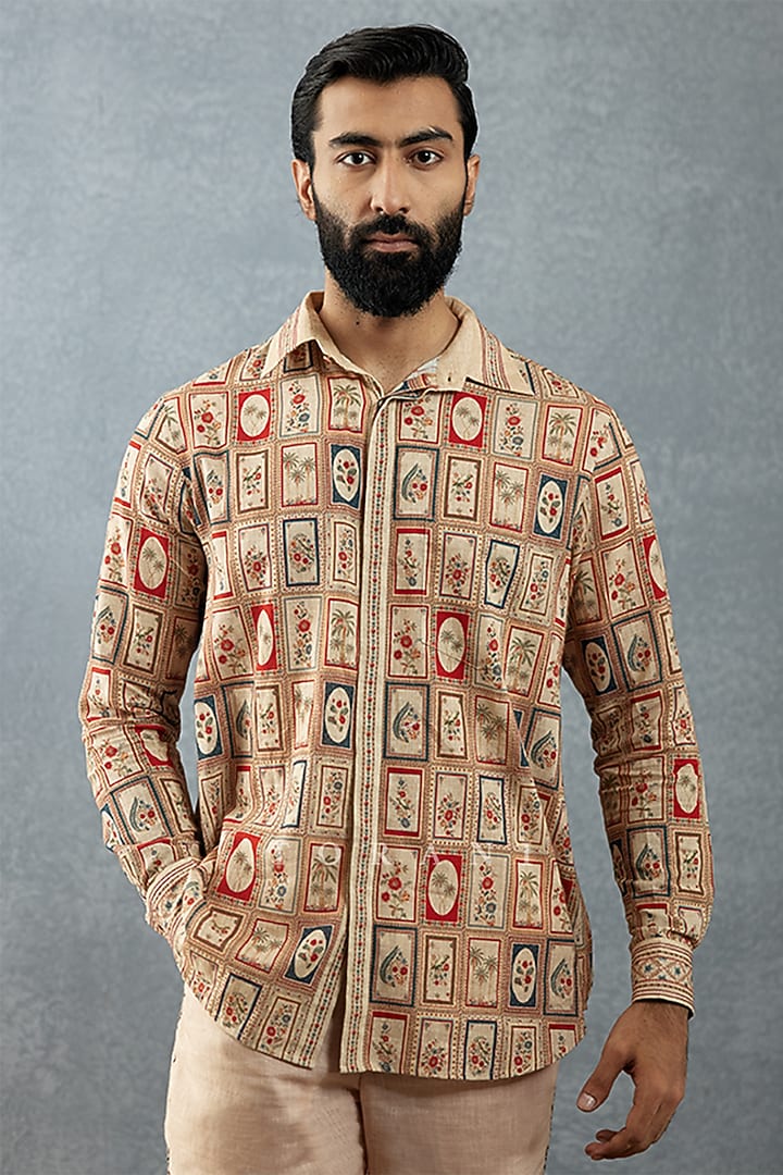 Beige Cotton Voile & Cotton Silk Printed Pant Set by Torani Men at Pernia's Pop Up Shop
