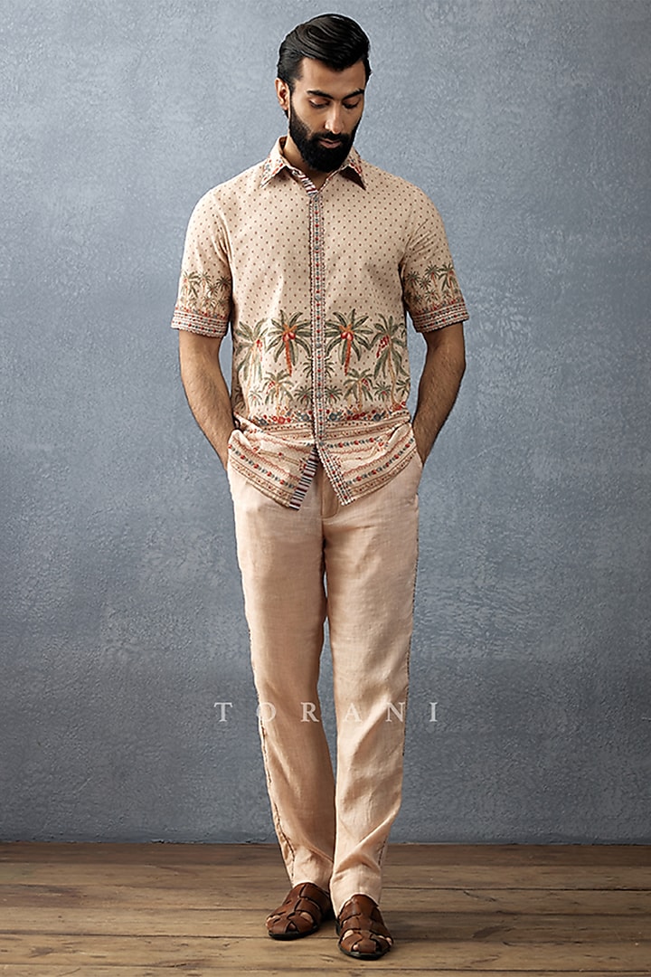 Beige Cotton Voile & Cotton Silk Printed Pant Set by Torani Men