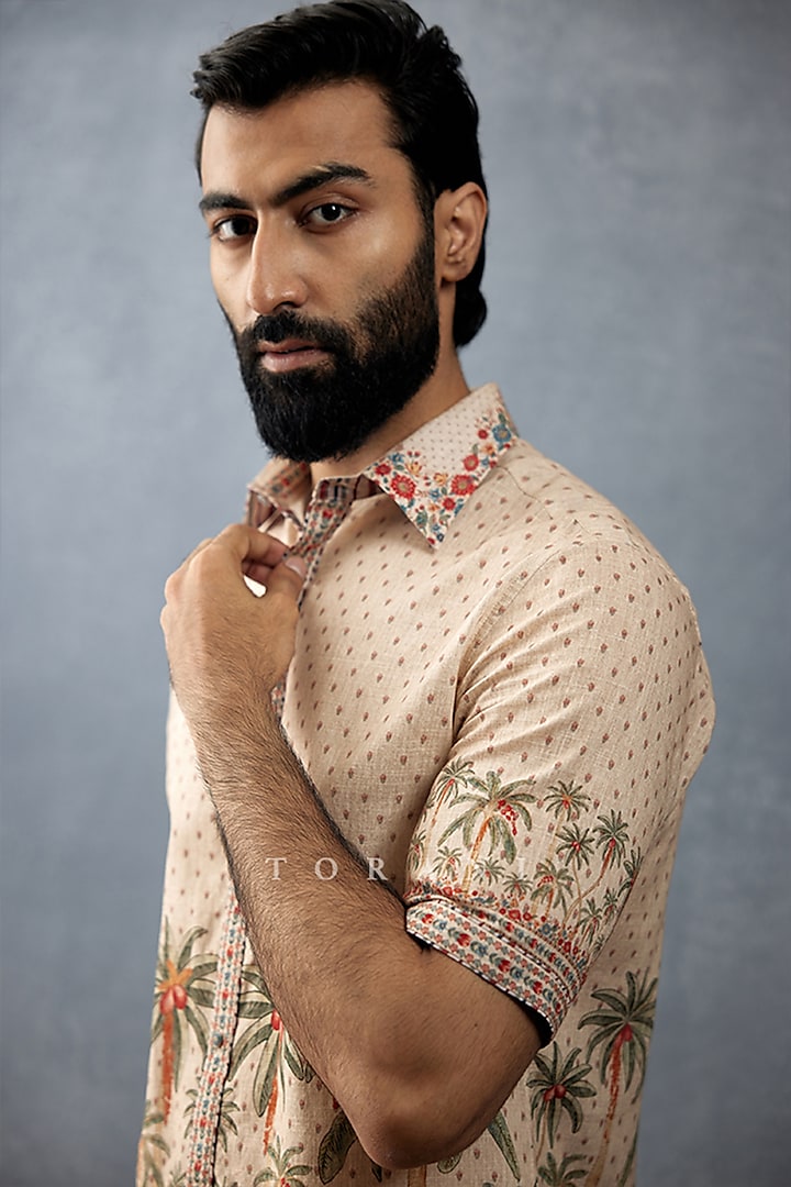 Beige Cotton Voile & Cotton Silk Printed Pant Set by Torani Men at Pernia's Pop Up Shop