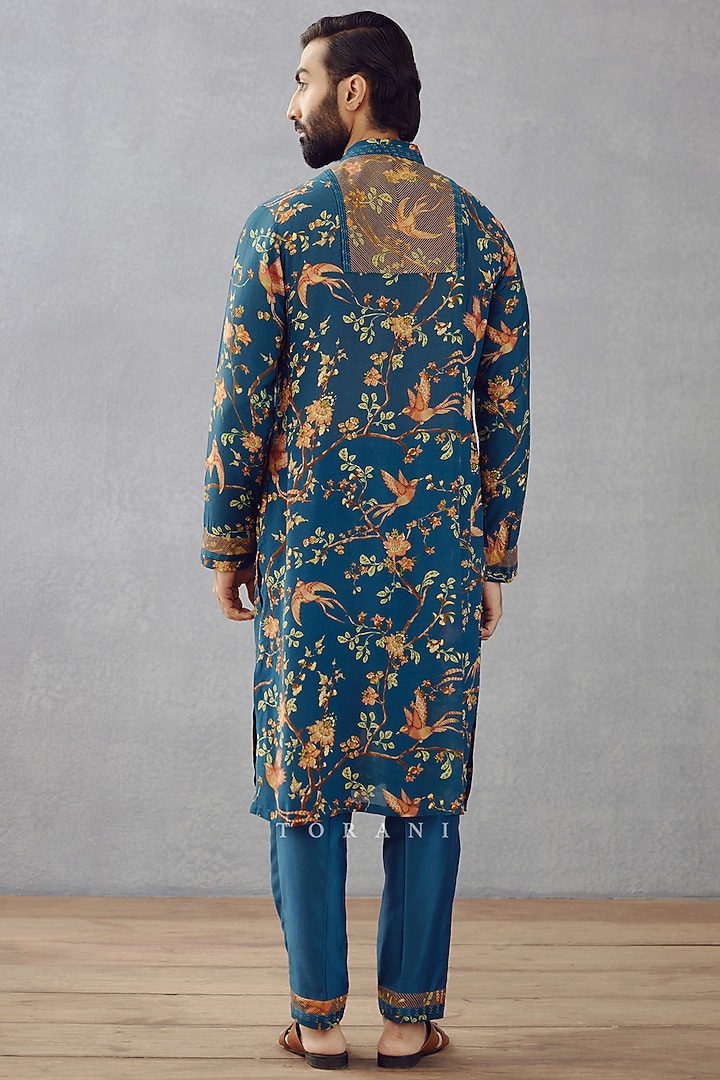 Sapphire Blue Slub Silk Printed Kurta Set by Torani Men at Pernia's Pop Up Shop