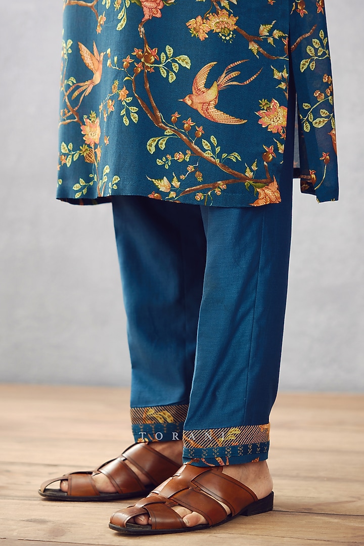 Sapphire Blue Slub Silk Printed Kurta Set by Torani Men at Pernia's Pop Up Shop