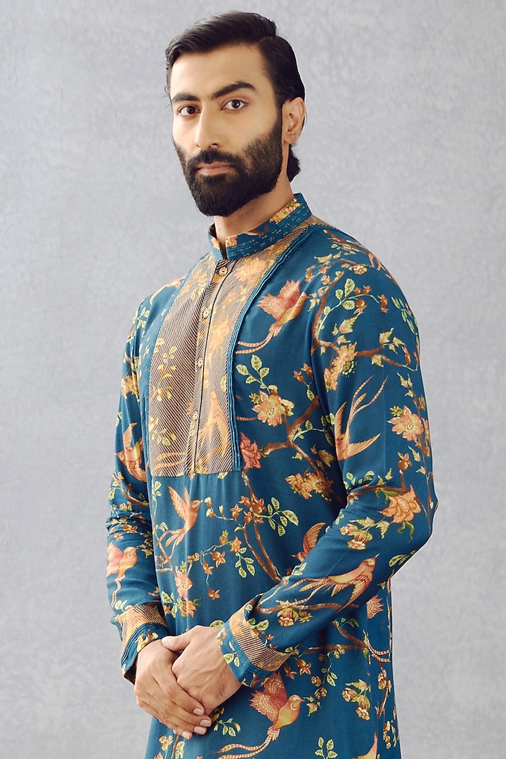 Sapphire Blue Slub Silk Printed Kurta Set by Torani Men at Pernia's Pop Up Shop